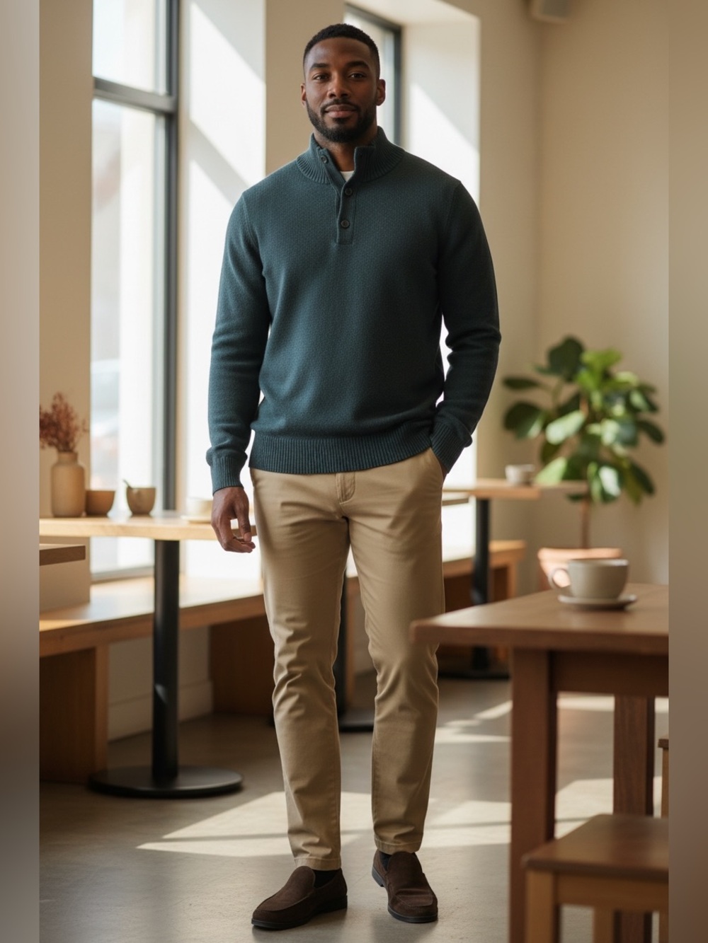 AEO Casual Relax Fit Quiet Luxury 100% Cotton 1/4 Zip/Button Dark Green Sweater